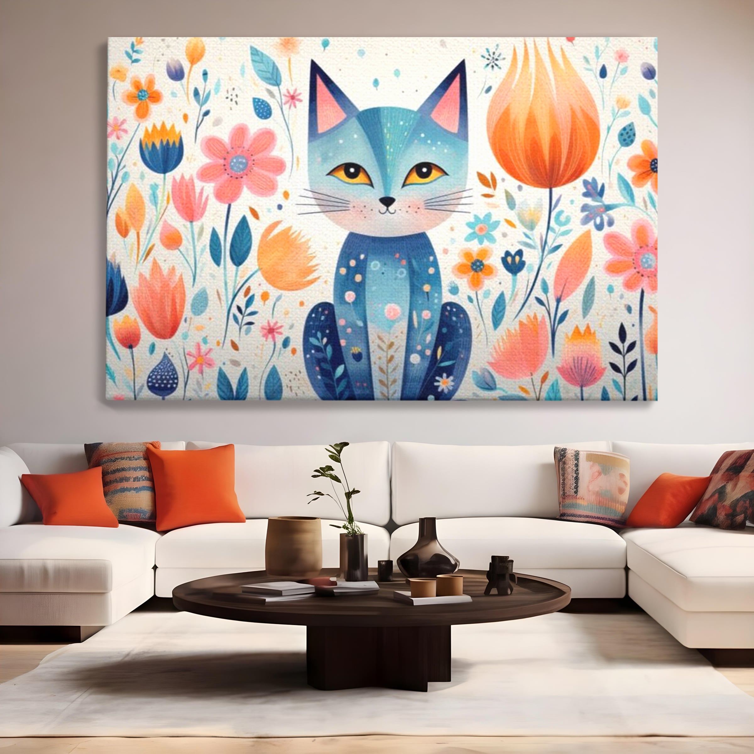 Tablou canvas cu ilustratie digitala cu pisica albastra si flori, fara rama, pe sasiu de lemn, pe perete intr-un living